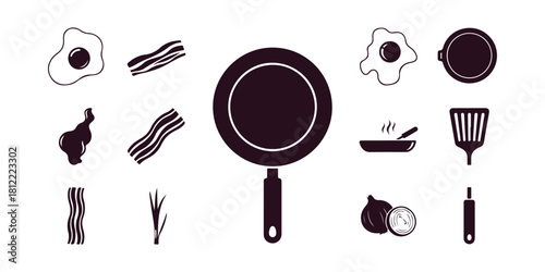 vector illustration featuring icons of a frying pan or skillet in action.