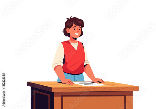 Young female student or presenter standing behind a wooden podium or desk with paper, isolated on