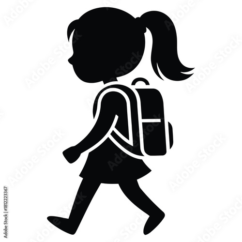 Silhouette of a young girl with a backpack walking to school isolated on white background back to school concept