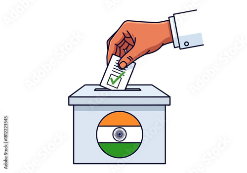 Hand dropping a ballot paper with a green checkmark into a ballot box featuring the indian flag, isolated on