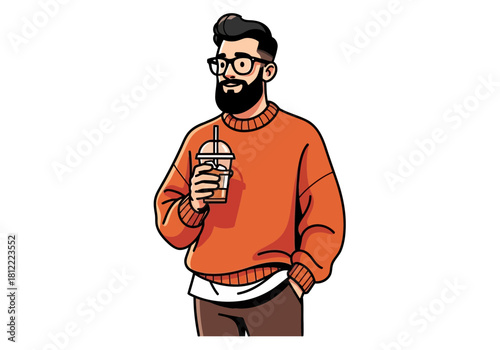 Hipster man with beard and glasses wearing an orange sweater holding a plastic cup with a straw, isolated on