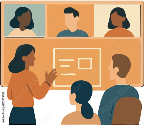 A diverse group of people attends a hybrid meeting where one woman presents at a board while others join on a video call screen.