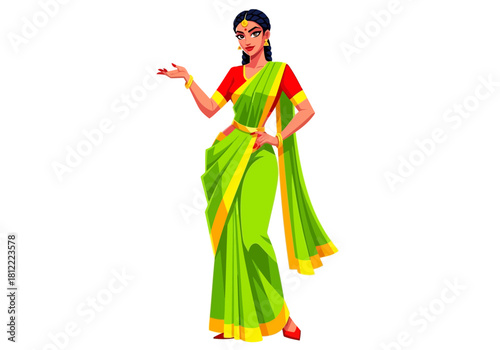 Beautiful indian woman wearing a vibrant green and yellow saree, posing gracefully with one hand extended, isolated on