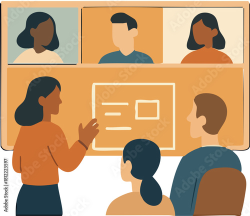 A diverse group of people attends a hybrid meeting where one woman presents at a board while others join on a video call screen.