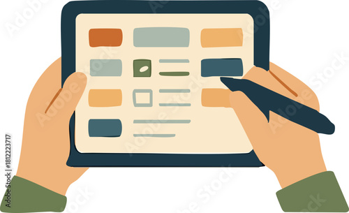 A pair of hands is holding a digital tablet while a stylus is used to tap colorful interface elements on the screen.