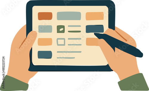 A pair of hands is holding a digital tablet while a stylus is used to tap colorful interface elements on the screen.