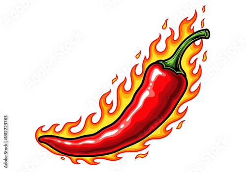 Vector illustration of a hot red chili pepper engulfed in bright yellow and orange flames, isolated on