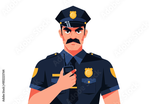 Illustration of a stern police officer in uniform with a mustache holding a walkietalkie, isolated on