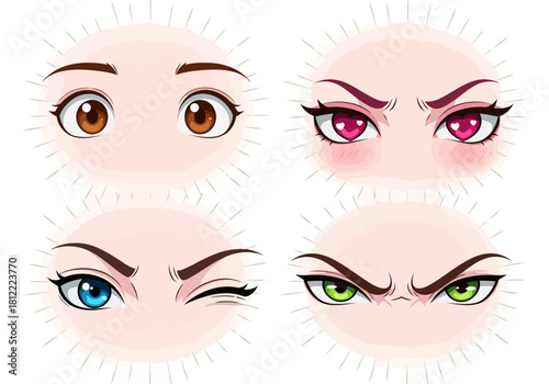 Set of four cartoon female eye expressions showing different emotion like surprise anger and winking isolated on