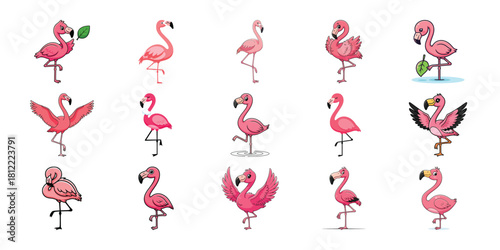 Group of stylized pink flamingo figures in multiple dynamic poses isolated on white