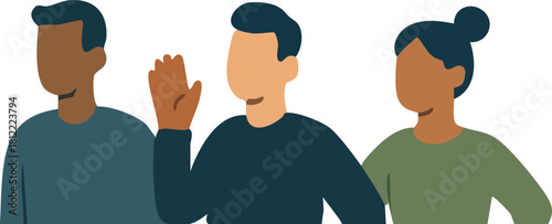 A diverse group of three simplified, faceless characters stands together, with the person in the middle raising a hand as if greeting or speaking.