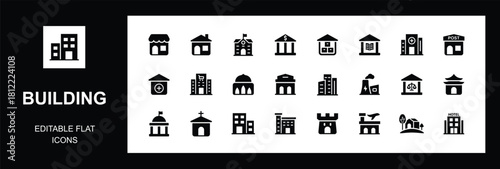 Building icon set. Editable Collection of office, hospital, university, bank, mall, mosque, airport, factory, and more. Ideal for maps, apps, real estate, and city planning. Vector illustration.
