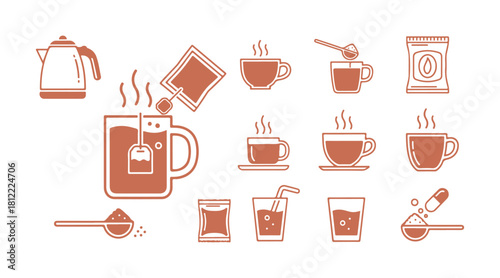 Instructions for making instant coffee and tea. The method of preparing the drink using water in a mug. Icons for packaging of medicinal powder and soluble drugs. Black contour illustration.