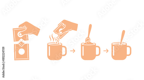 Basic guide for making instant coffee and tea. Steps to prepare the drink using water in a mug. Icon collection for packaging of medicinal powder and soluble drugs. Black contour vector.