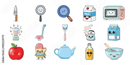Cute kitchen utensil and food item characters in pixel art style isolated on