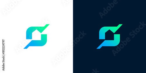 Modern S letter logo design incorporating a dynamic house or home symbol, representing innovation, connection, and progress in a sleek digital aesthetic