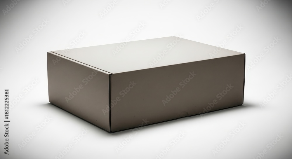 Obraz premium A studio photograph of a closed, rectangular cardboard box on a white surface. The simple packaging mock-up features a soft drop shadow