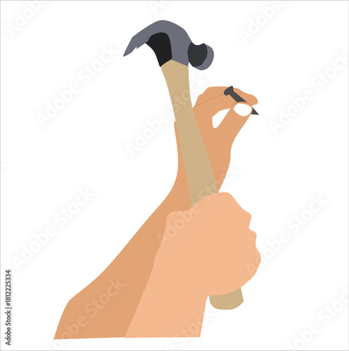 Man hammers in the nail isolated . hand hammering nails