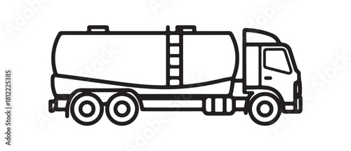 Tank truck graphic. Fuel tanker. Black outline linear silhouette. Strokes can be edited. Side view. Vector simple flat graphic illustration. Isolated object on white background. Isolate

