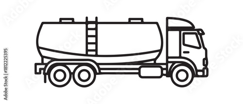 Tank truck symbol. Fuel tanker. Black outlined linear silhouette. Editable strokes. Side perspective. Vector simple flat graphic illustration. Isolated object on a white background. Isolate

