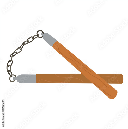double stick wooden martial arts tool. Wooden nunchaku vector icon illustration