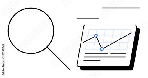 Magnifying glass examining a line graph on a grid-marked document with key points. Ideal for research, analytics, tracking, growth, strategy, insights, and study. Modern flat metaphor