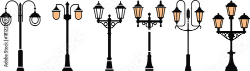 street lamp vector set, classic lantern silhouettes collection, old city park light, retro urban road post, outdoor illumination design elements, black iron pole,Vintage.