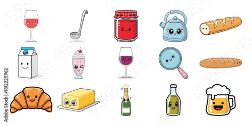Assortment of kawaii breakfast and drink items isolated on
