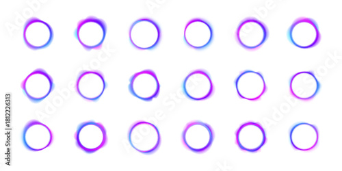 Set of neon glowing rings with gradient overflow on white background PNG. Colorful bright neon template. Iridescent chrome drops or hologram irregular freeform organic shapes.	