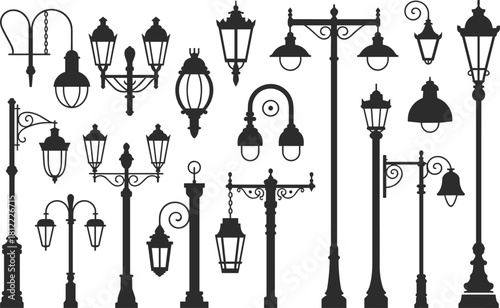 Vintage street lamp silhouettes set, retro lantern collection, vector city lights, park post illumination, black iron pole design, outdoor urban decoration elements bundle