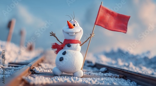 Olaf's Railway Adventure: Cheerful snowman standing proudly, holding a vibrant red flag amidst a snowy railway setting, showcasing joy and innocence.