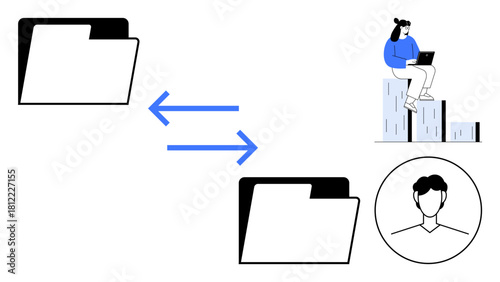 File folders connected by arrows, symbolizing data exchange. Woman with laptop and profile icon highlight teamwork, remote work, and digital file management. Ideal for technology, communication