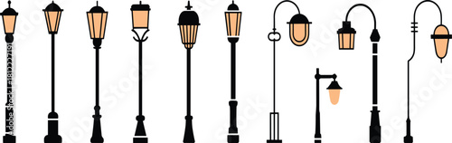 Vintage street lamp vector set, classic lantern silhouettes collection, old city park light, retro urban road post, outdoor illumination design elements, black iron pole