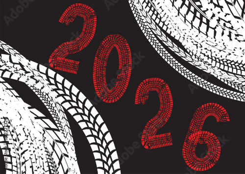 2026 tire track numbers - trucking and transport themed typography for logistic calendars and posters, perfect for American transport companies. Vector illustration
