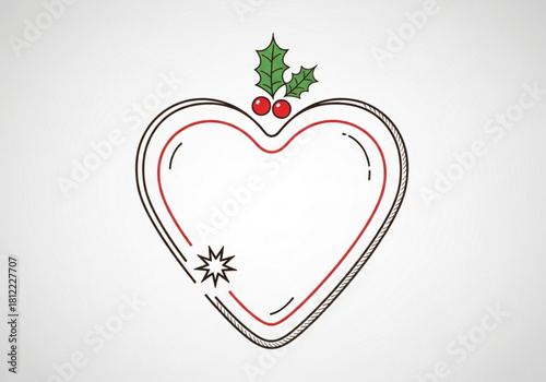 Christmas heart shape with holly berries and leaves isolated on white background