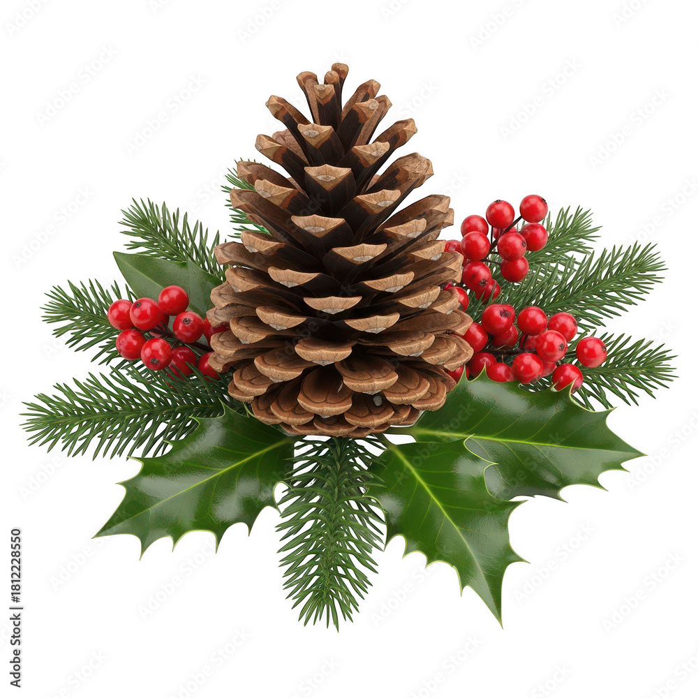 Fototapeta premium Festive christmas decoration with pine cone, holly leaves, fir sprigs and red berries isolated on transparent background, perfect for holiday season greetings and designs