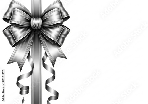 Elegant silver bow with ribbon streamers isolated on white background