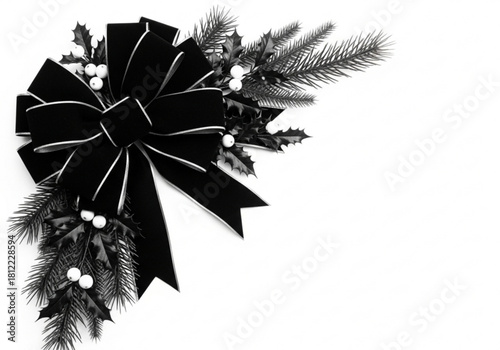 Elegant black velvet bow with holly and pine sprigs isolated on white background