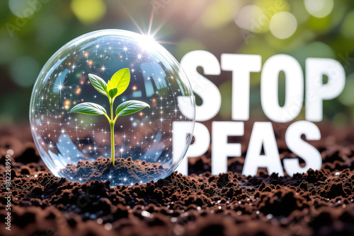 A small green plant grows in rich soil, protected inside a sparkling glass bubble, next to the blurred white message 