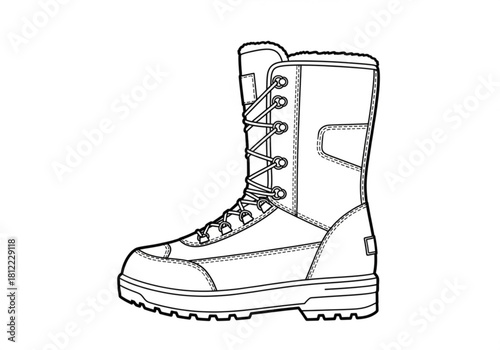 Detailed outline drawing of a winter boot isolated on white background