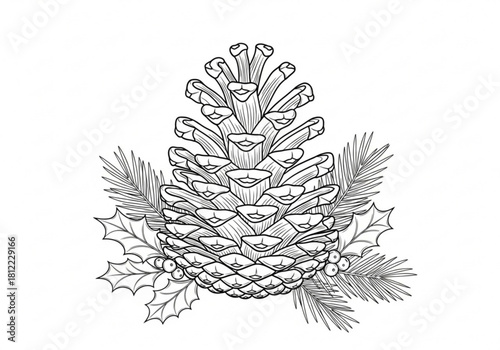 Pine cone with holly and pine needles isolated on white background