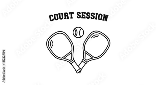 A black and white line drawing of two crossed tennis rackets and a ball with the text 'Court Session'.