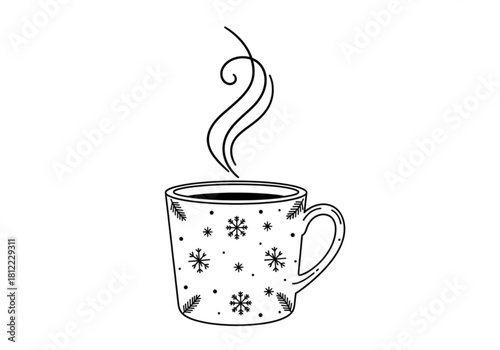 Winter themed coffee mug with snowflakes and steam isolated on white background