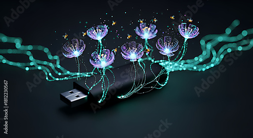 Futuristic digital network connection emanating from a usb drive with glowing nodes and intricate data streams