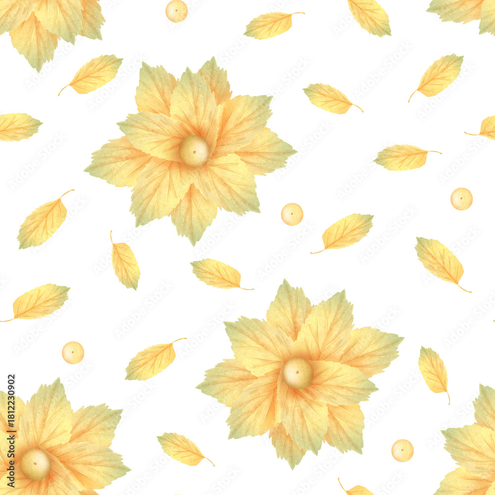Fototapeta premium A seamless pattern of yellow flowers and autumn leaves. The illustration is hand drawn in a simple, childlike style on a white background.