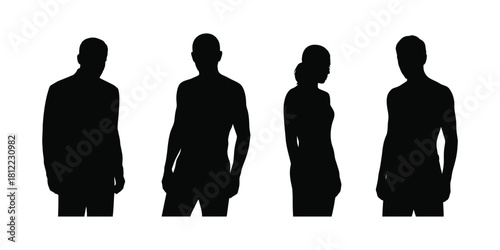 Four silhouetted figures standing in various poses on a white background