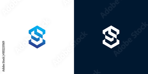 Abstract geometric 'S' logo on white and navy blue backgrounds, symbolizing innovation and technology