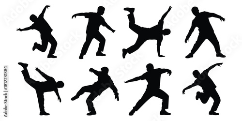 dancer silhouette icon. set of break dancer silhouette icon. Diverse group of break-dancers performing dynamic moves in silhouette. dancer icon.