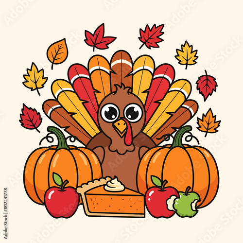 Adorable Thanksgiving Scene with Cartoon Turkey, Pumpkins, Pie, and Fall Leaves, Celebrating Autumn Harvest Festivities