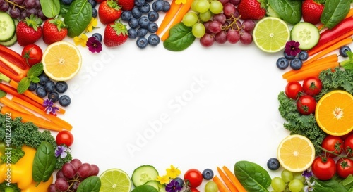 Fototapeta Naklejka Na Ścianę i Meble -  Vibrant assortment of fresh fruits and vegetables bordering white space